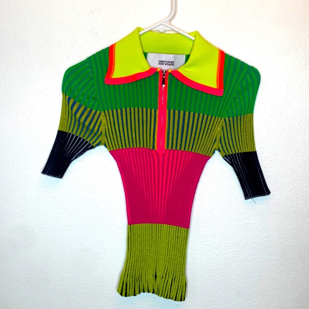 christopher john rogers striped top zip up medium women’s